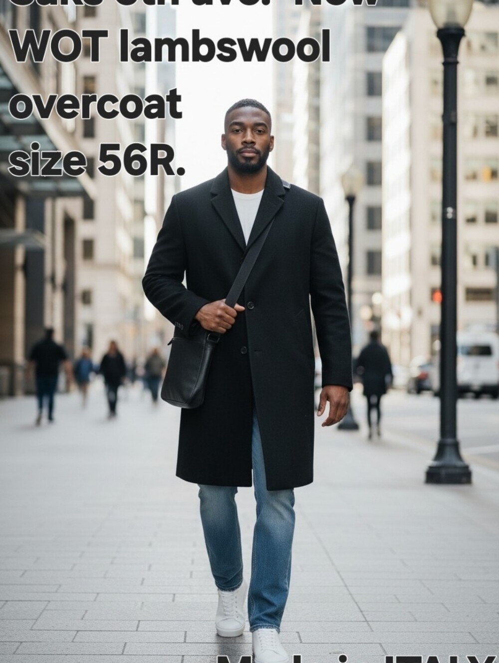 Men's Black Lambswool Overcoat - Classic Single-Breasted